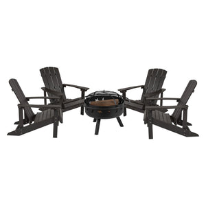 English Elm 5 Piece Charlestown Commercial Poly Resin Adirondack Chair Set with Star and Moon Fire Pit Enjoyment Slate Gray JJ-C145014-32D-SLT-GG