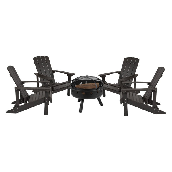 English Elm 5 Piece Charlestown Commercial Poly Resin Adirondack Chair Set with Star and Moon Fire Pit Enjoyment Slate Gray JJ-C145014-32D-SLT-GG
