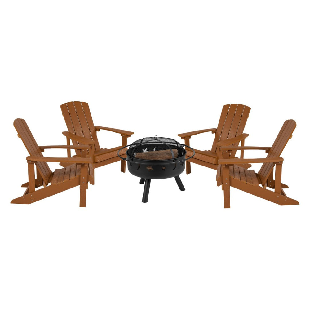 English Elm 5 Piece Charlestown Commercial Poly Resin Adirondack Chair Set with Star and Moon Fire Pit Enjoyment Teak JJ-C145014-32D-TEAK-GG