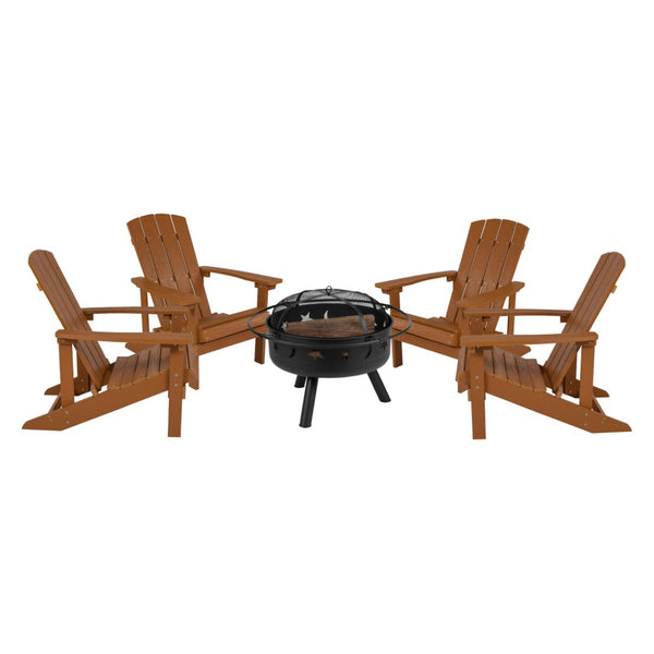 English Elm 5 Piece Charlestown Commercial Poly Resin Adirondack Chair Set with Star and Moon Fire Pit Enjoyment Teak JJ-C145014-32D-TEAK-GG