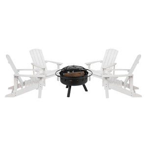 English Elm 5 Piece Charlestown Commercial Poly Resin Adirondack Chair Set with Star and Moon Fire Pit Enjoyment White JJ-C145014-32D-WH-GG