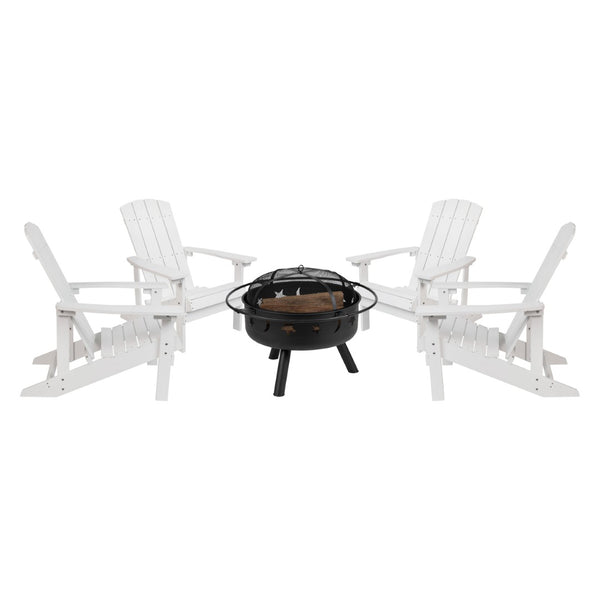 English Elm 5 Piece Charlestown Commercial Poly Resin Adirondack Chair Set with Star and Moon Fire Pit Enjoyment White JJ-C145014-32D-WH-GG