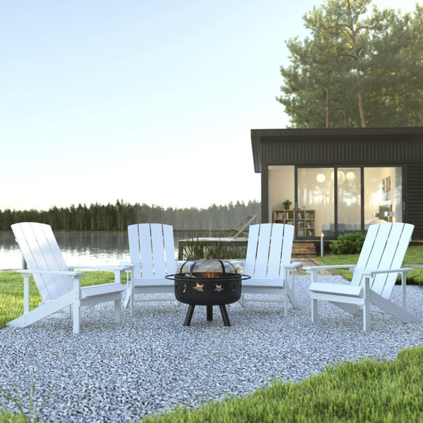 English Elm 5 Piece Charlestown Commercial Poly Resin Adirondack Chair Set with Star and Moon Fire Pit Enjoyment White JJ-C145014-32D-WH-GG