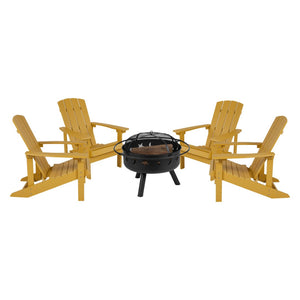 English Elm 5 Piece Charlestown Commercial Poly Resin Adirondack Chair Set with Star and Moon Fire Pit Enjoyment Yellow JJ-C145014-32D-YLW-GG