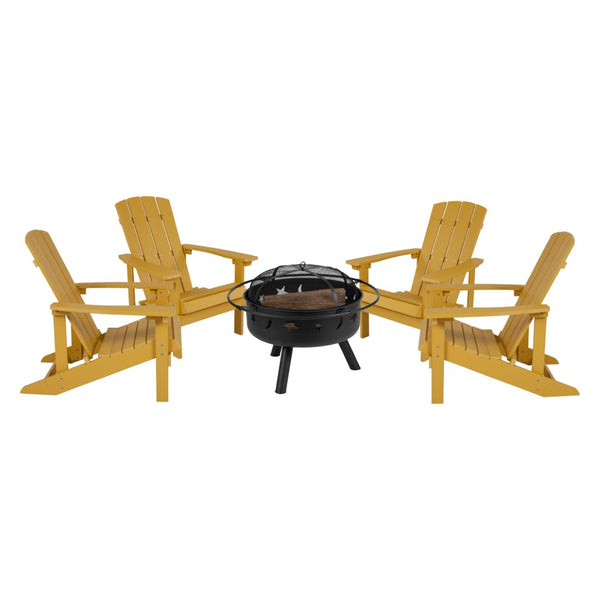 English Elm 5 Piece Charlestown Commercial Poly Resin Adirondack Chair Set with Star and Moon Fire Pit Enjoyment Yellow JJ-C145014-32D-YLW-GG