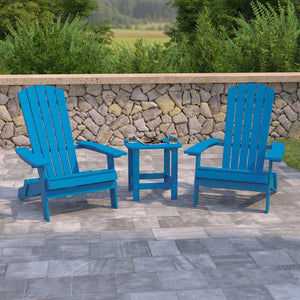 English Elm 2 Pack Charlestown All-Weather Poly Resin Adirondack Chairs & Side Table Set for Relaxed Comfort Blue JJ-C14505-2-T14001-BLU-GG