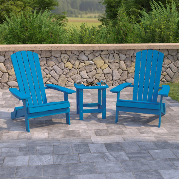 English Elm 2 Pack Charlestown All-Weather Poly Resin Adirondack Chairs & Side Table Set for Relaxed Comfort Blue JJ-C14505-2-T14001-BLU-GG