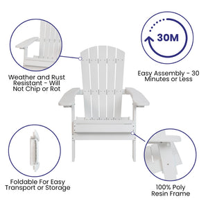 English Elm 2 Pack Charlestown All-Weather Poly Resin Adirondack Chairs & Side Table Set for Relaxed Comfort White JJ-C14505-2-T14001-WH-GG