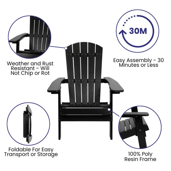 English Elm Charlestown Commercial All-Weather Poly Resin Folding Adirondack Chair for Indoor and Outdoor Comfort Black JJ-C14505-BLK-GG