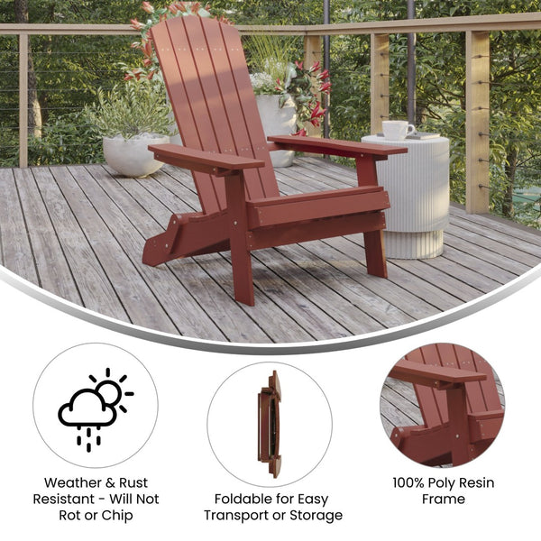 English Elm Charlestown Commercial All-Weather Poly Resin Folding Adirondack Chair for Indoor and Outdoor Comfort Red JJ-C14505-RED-GG