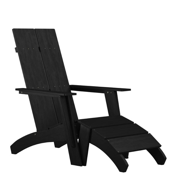 English Elm Sawyer Modern Commercial All-Weather Poly Resin Adirondack Chair & Footrest Set for Ultimate Relaxation Black JJ-C14509-14309-BK-GG