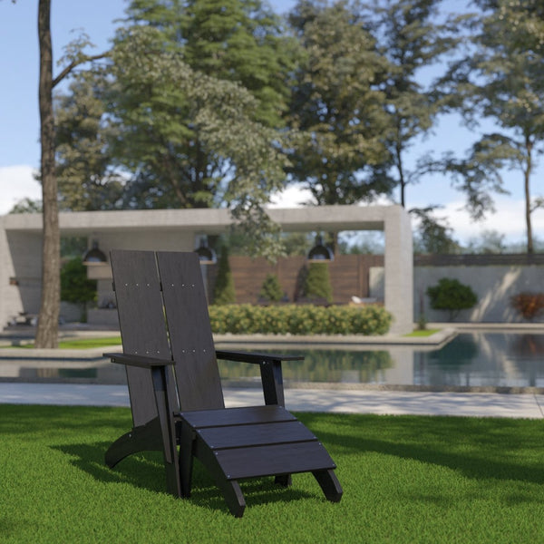 English Elm Sawyer Modern Commercial All-Weather Poly Resin Adirondack Chair & Footrest Set for Ultimate Relaxation Black JJ-C14509-14309-BK-GG