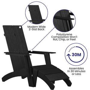 English Elm Sawyer Modern Commercial All-Weather Poly Resin Adirondack Chair & Footrest Set for Ultimate Relaxation Black JJ-C14509-14309-BK-GG