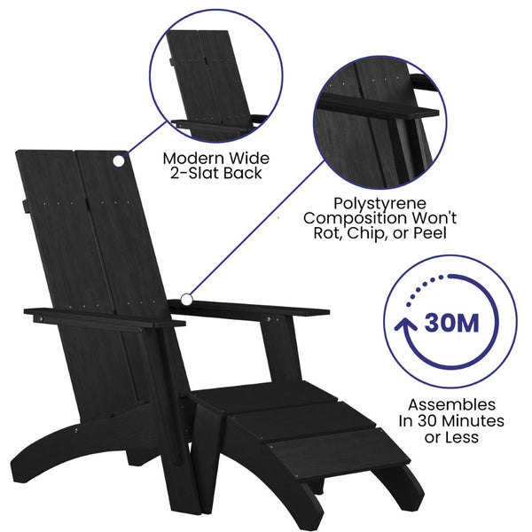 English Elm Sawyer Modern Commercial All-Weather Poly Resin Adirondack Chair & Footrest Set for Ultimate Relaxation Black JJ-C14509-14309-BK-GG