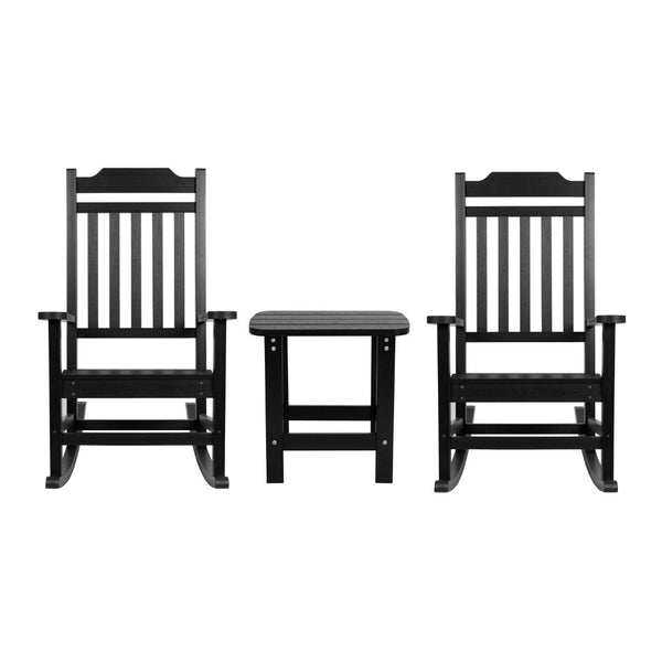 English Elm Set of 2 Winston All-Weather Rocking Chairs with Accent Table for Stylish Outdoor Relaxation Black JJ-C14703-2-T14001-BK-GG
