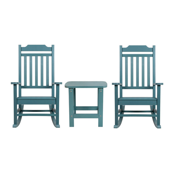 English Elm Set of 2 Winston All-Weather Rocking Chairs with Accent Table for Stylish Outdoor Relaxation Teal JJ-C14703-2-T14001-TL-GG