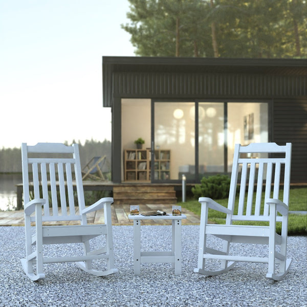 English Elm Set of 2 Winston All-Weather Rocking Chairs with Accent Table for Stylish Outdoor Relaxation White JJ-C14703-2-T14001-WH-GG