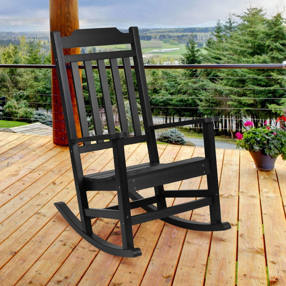 English Elm Winston All-Weather Poly Resin Rocking Chair for Ultimate Comfort and Relaxation on Any Porch Black JJ-C14703-BK-GG