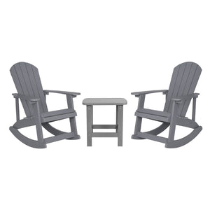 English Elm Set of 2 Savannah Commercial-Grade Adirondack Rocking Chairs with Side Table for Outdoor Relaxation Gray JJ-C14705-2-T14001-GY-GG