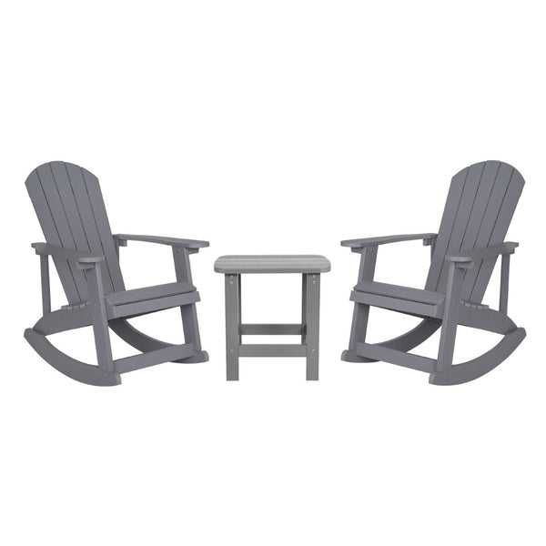 English Elm Set of 2 Savannah Commercial-Grade Adirondack Rocking Chairs with Side Table for Outdoor Relaxation Gray JJ-C14705-2-T14001-GY-GG