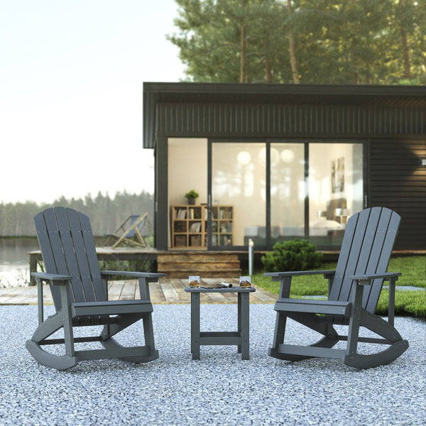 English Elm Set of 2 Savannah Commercial-Grade Adirondack Rocking Chairs with Side Table for Outdoor Relaxation Gray JJ-C14705-2-T14001-GY-GG