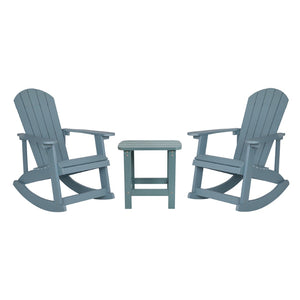 English Elm Set of 2 Savannah Commercial-Grade Adirondack Rocking Chairs with Side Table for Outdoor Relaxation Sea Foam JJ-C14705-2-T14001-SFM-GG