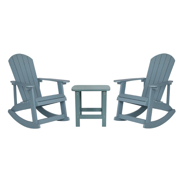 English Elm Set of 2 Savannah Commercial-Grade Adirondack Rocking Chairs with Side Table for Outdoor Relaxation Sea Foam JJ-C14705-2-T14001-SFM-GG