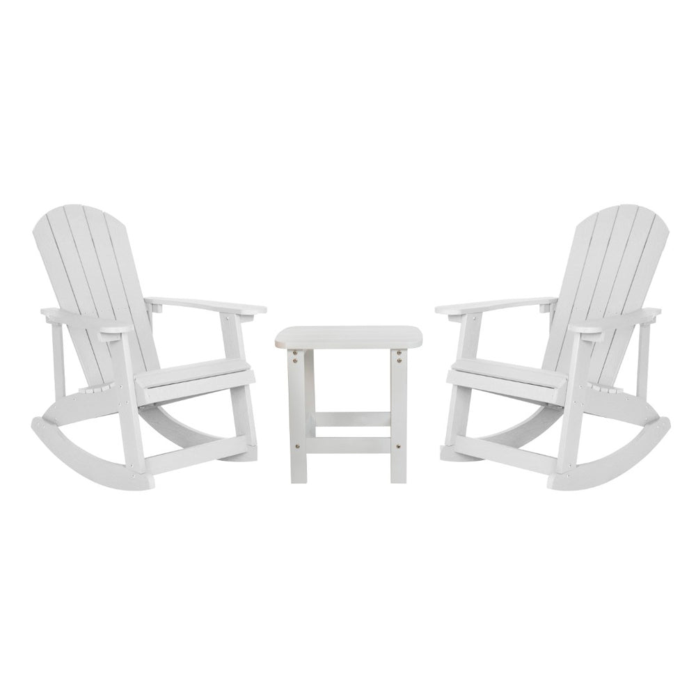 English Elm Set of 2 Savannah Commercial-Grade Adirondack Rocking Chairs with Side Table for Outdoor Relaxation White JJ-C14705-2-T14001-WH-GG