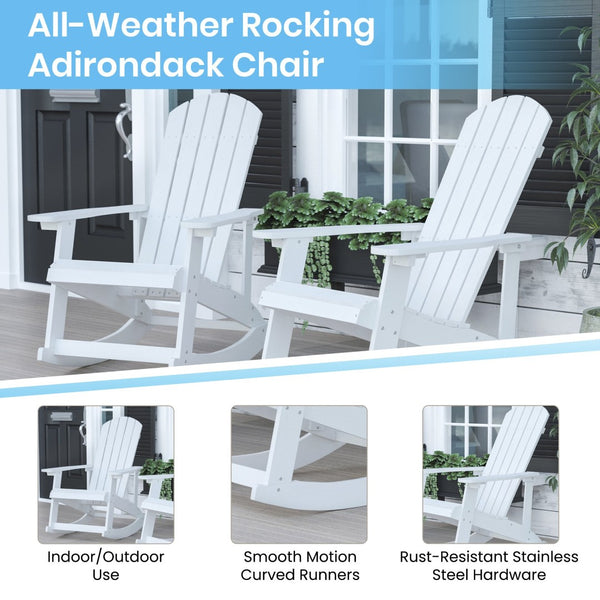 English Elm Set of 2 Savannah Commercial-Grade Adirondack Rocking Chairs with Side Table for Outdoor Relaxation White JJ-C14705-2-T14001-WH-GG