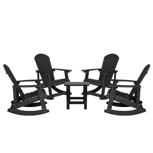 English Elm Set of 4 Savannah All-Weather Adirondack Rocking Chairs with Side Table for Ultimate Outdoor Comfort Black JJ-C14705-4-T14001-BK-GG
