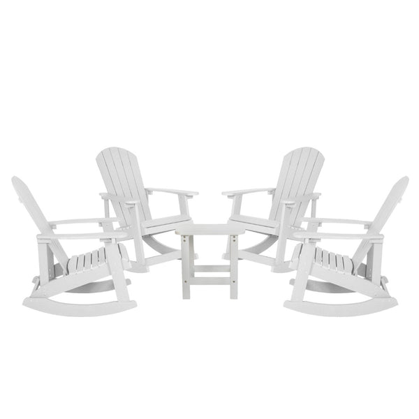 English Elm Set of 4 Savannah All-Weather Adirondack Rocking Chairs with Side Table for Ultimate Outdoor Comfort White JJ-C14705-4-T14001-WH-GG