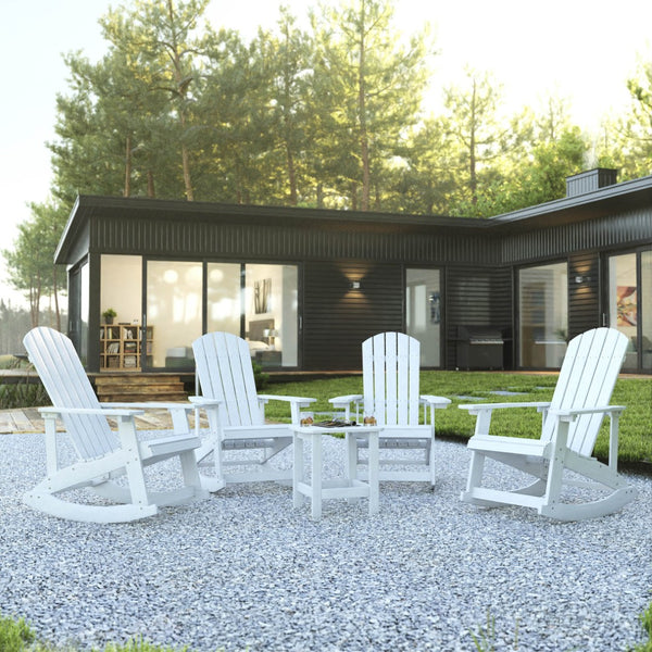 English Elm Set of 4 Savannah All-Weather Adirondack Rocking Chairs with Side Table for Ultimate Outdoor Comfort White JJ-C14705-4-T14001-WH-GG