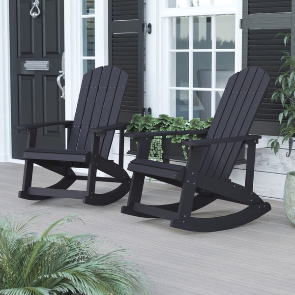 English Elm Savannah Commercial Grade Resin Adirondack Rocking Chair Set for Ultimate Year-Round Comfort Black JJ-C14705-BK-2-GG