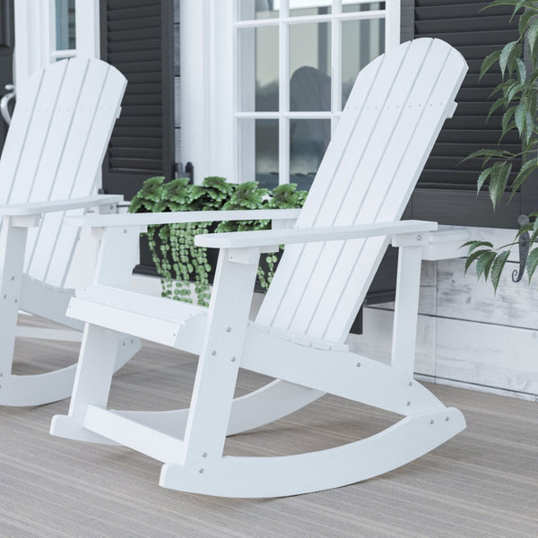 English Elm Savannah Commercial Grade All-Weather Poly Resin Adirondack Rocking Chair for Ultimate Relaxation White JJ-C14705-WH-GG