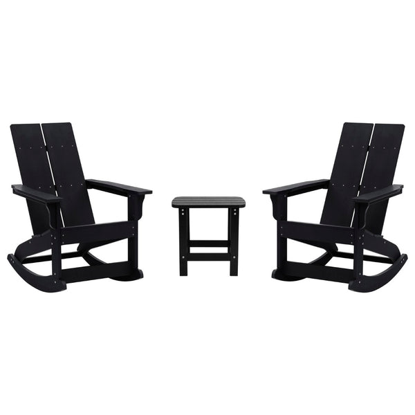 English Elm Set of 2 Modern Commercial-Grade Adirondack Rocking Chairs with Matching Side Table for Relaxation Black JJ-C14709-2-T14001-BK-GG