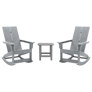 English Elm Set of 2 Modern Commercial-Grade Adirondack Rocking Chairs with Matching Side Table for Relaxation Gray JJ-C14709-2-T14001-GY-GG