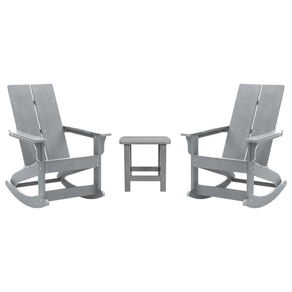 English Elm Set of 2 Modern Commercial-Grade Adirondack Rocking Chairs with Matching Side Table for Relaxation Gray JJ-C14709-2-T14001-GY-GG