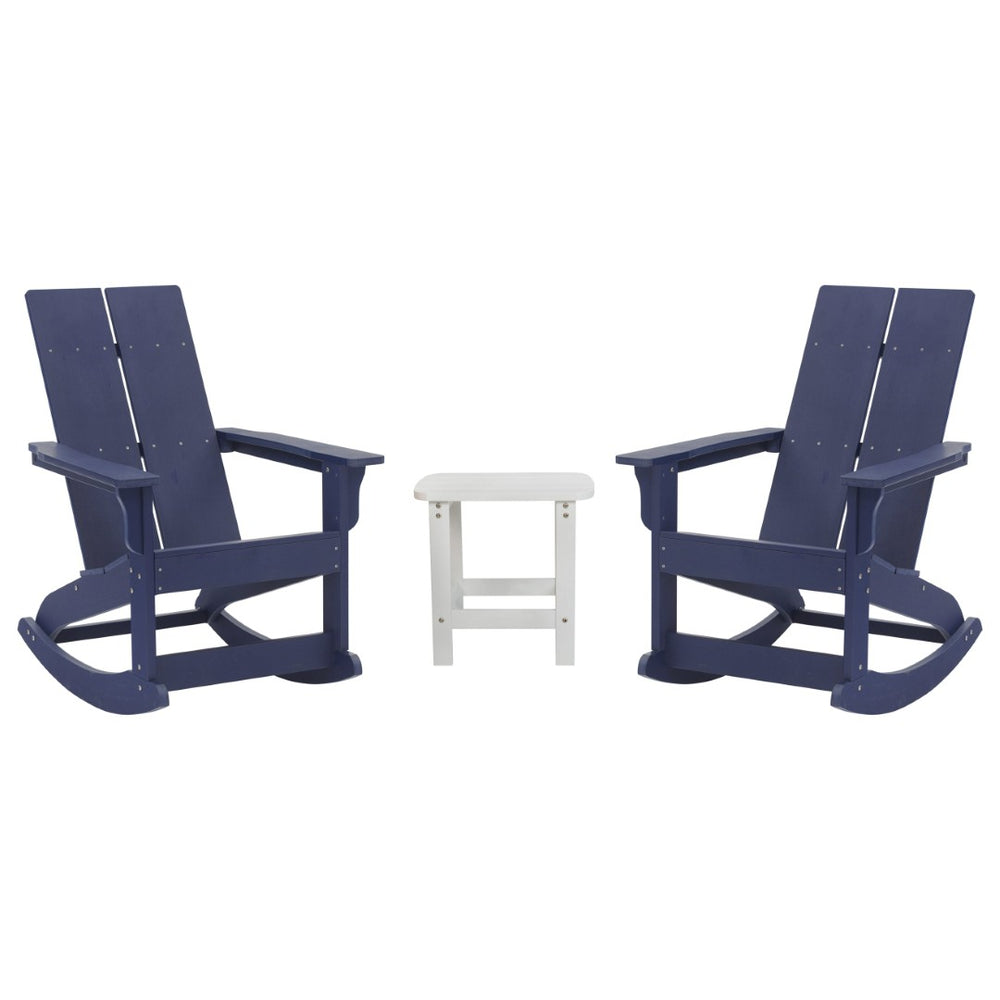 English Elm Set of 2 Modern Commercial-Grade Adirondack Rocking Chairs with Matching Side Table for Relaxation Navy/White JJ-C14709-2-T14001-NW-GG