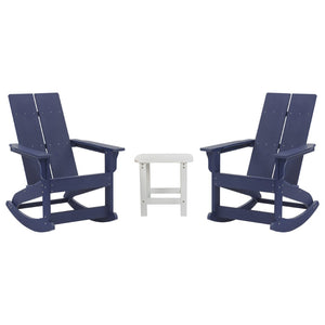 English Elm Set of 2 Modern Commercial-Grade Adirondack Rocking Chairs with Matching Side Table for Relaxation Navy/White JJ-C14709-2-T14001-NW-GG