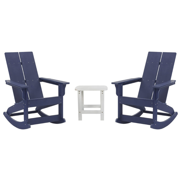English Elm Set of 2 Modern Commercial-Grade Adirondack Rocking Chairs with Matching Side Table for Relaxation Navy/White JJ-C14709-2-T14001-NW-GG
