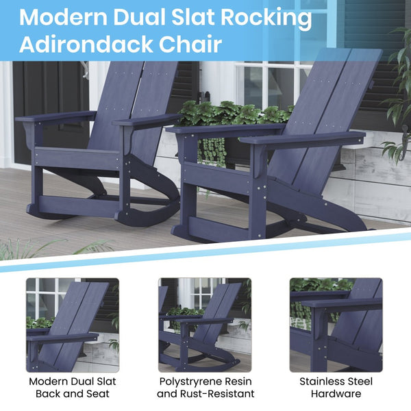 English Elm Set of 2 Modern Commercial-Grade Adirondack Rocking Chairs with Matching Side Table for Relaxation Navy/White JJ-C14709-2-T14001-NW-GG