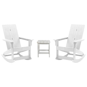 English Elm Set of 2 Modern Commercial-Grade Adirondack Rocking Chairs with Matching Side Table for Relaxation White JJ-C14709-2-T14001-WH-GG