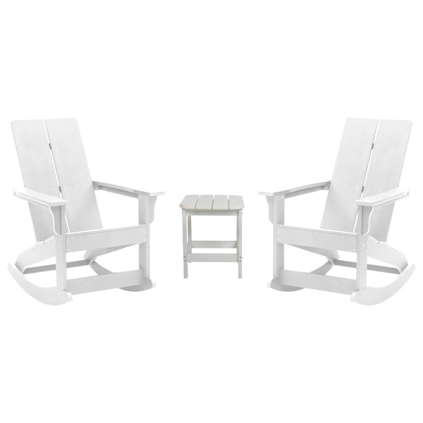 English Elm Set of 2 Modern Commercial-Grade Adirondack Rocking Chairs with Matching Side Table for Relaxation White JJ-C14709-2-T14001-WH-GG