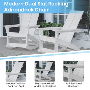 English Elm Set of 2 Modern Commercial-Grade Adirondack Rocking Chairs with Matching Side Table for Relaxation White JJ-C14709-2-T14001-WH-GG