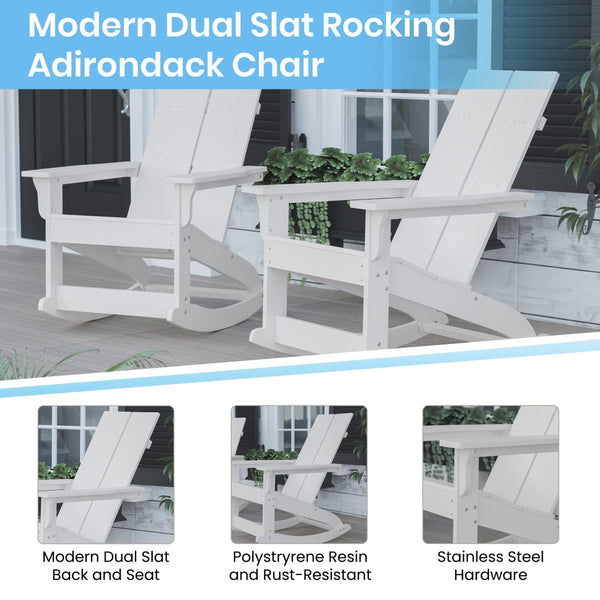 English Elm Set of 2 Modern Commercial-Grade Adirondack Rocking Chairs with Matching Side Table for Relaxation White JJ-C14709-2-T14001-WH-GG