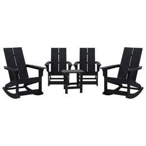 English Elm Set of 4 Modern Commercial Grade All-Weather Rocking Adirondack Chairs with Matching Side Table Black JJ-C14709-4-T14001-BK-GG