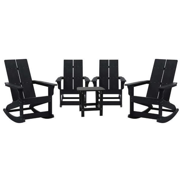 English Elm Set of 4 Modern Commercial Grade All-Weather Rocking Adirondack Chairs with Matching Side Table Black JJ-C14709-4-T14001-BK-GG