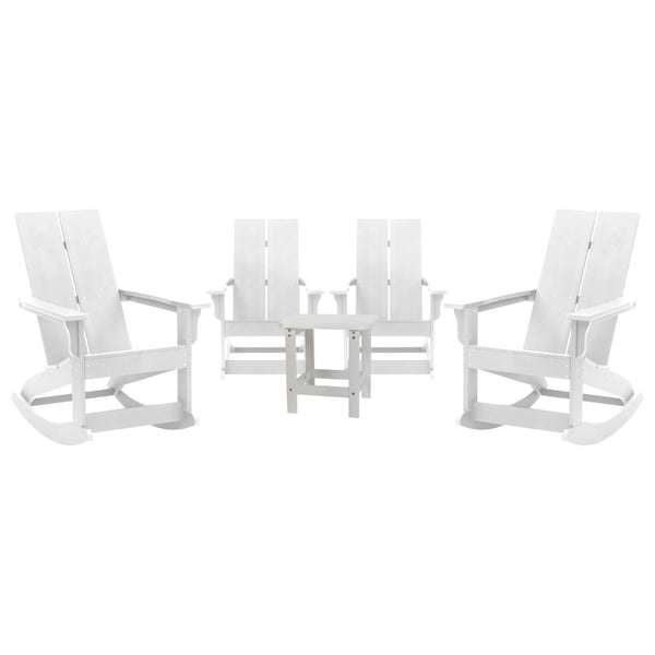 English Elm Set of 4 Modern Commercial Grade All-Weather Rocking Adirondack Chairs with Matching Side Table White JJ-C14709-4-T14001-WH-GG