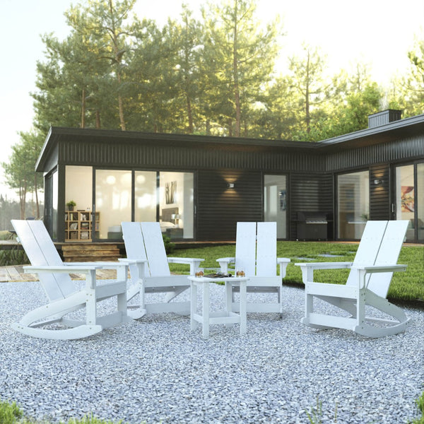 English Elm Set of 4 Modern Commercial Grade All-Weather Rocking Adirondack Chairs with Matching Side Table White JJ-C14709-4-T14001-WH-GG