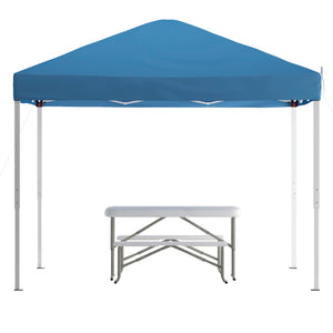 English Elm Knox Pop Up Event Canopy Tent with Carry Bag, Folding Table & Benches for Effortless Outdoor Gatherings Blue 10' x 10' JJ-GZ10103-BL-GG